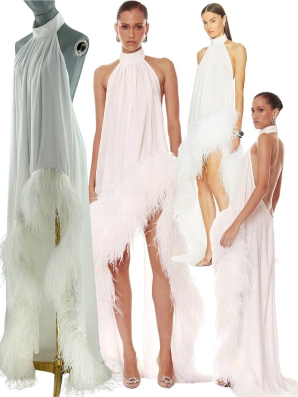 🆕 BRONX & BANCO 🧿 NWOT Madeline Halterneck Feathered Gown, White - Sz M US 6